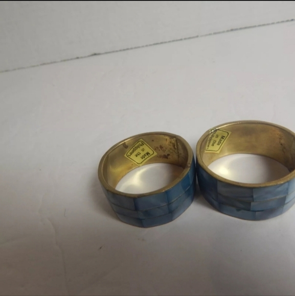 Vintage Set 2 Mother of Pearl Inlay Brass Napkin Rings Shell In Blue Philippines - Picture 3 of 6